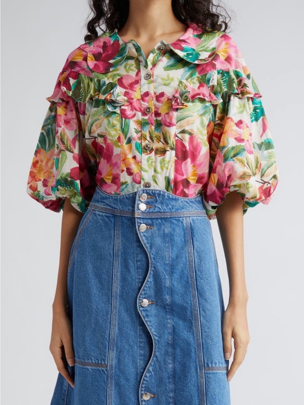 FARM Rio Pink & Green Floral Puff-Sleeve Blouse, size XL